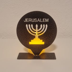 DT008R Round Menorah “Jerusalem” — Decorative Metal Display (Hammered Copper Finish)